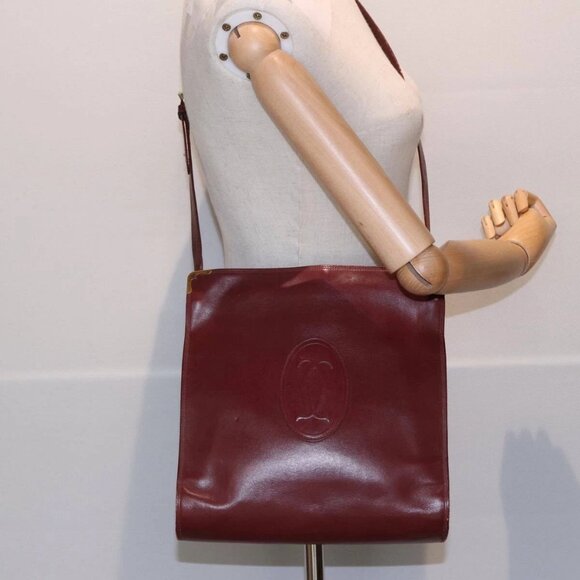 CARTIER Shoulder Bag Leather Red Gold Auth - Picture 1 of 16